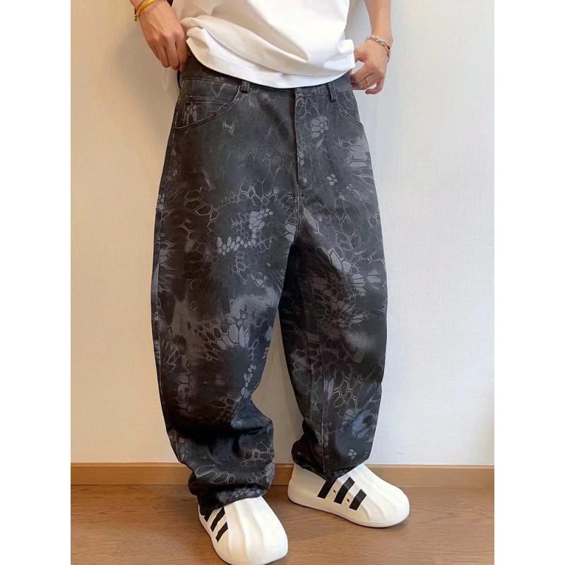 Herren Vintage Lockere Passform Gerade Beine Jeans mit Schlangenprint Gewaschene Baumwolle Streetwear XXL beige