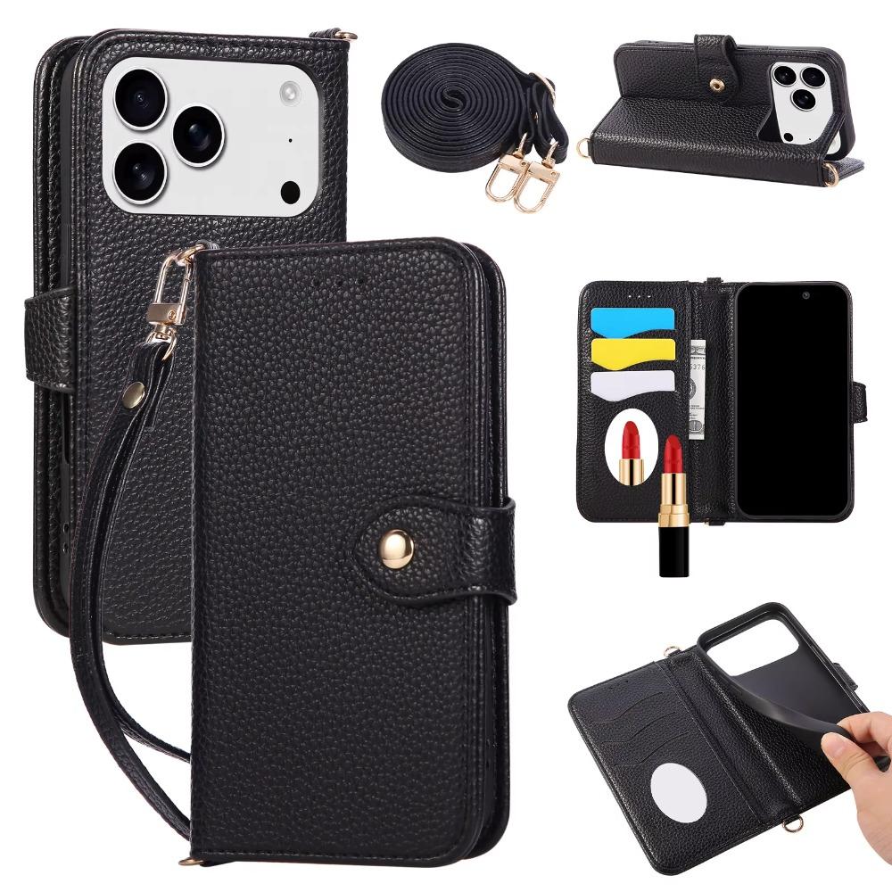 Flip Leather Cover for IPhone 17 Air 16E 16 15 Plus 14 13 12 11 Pro Max 7 8 Mirror Wallet with Card Holder Crossbody Phone Case