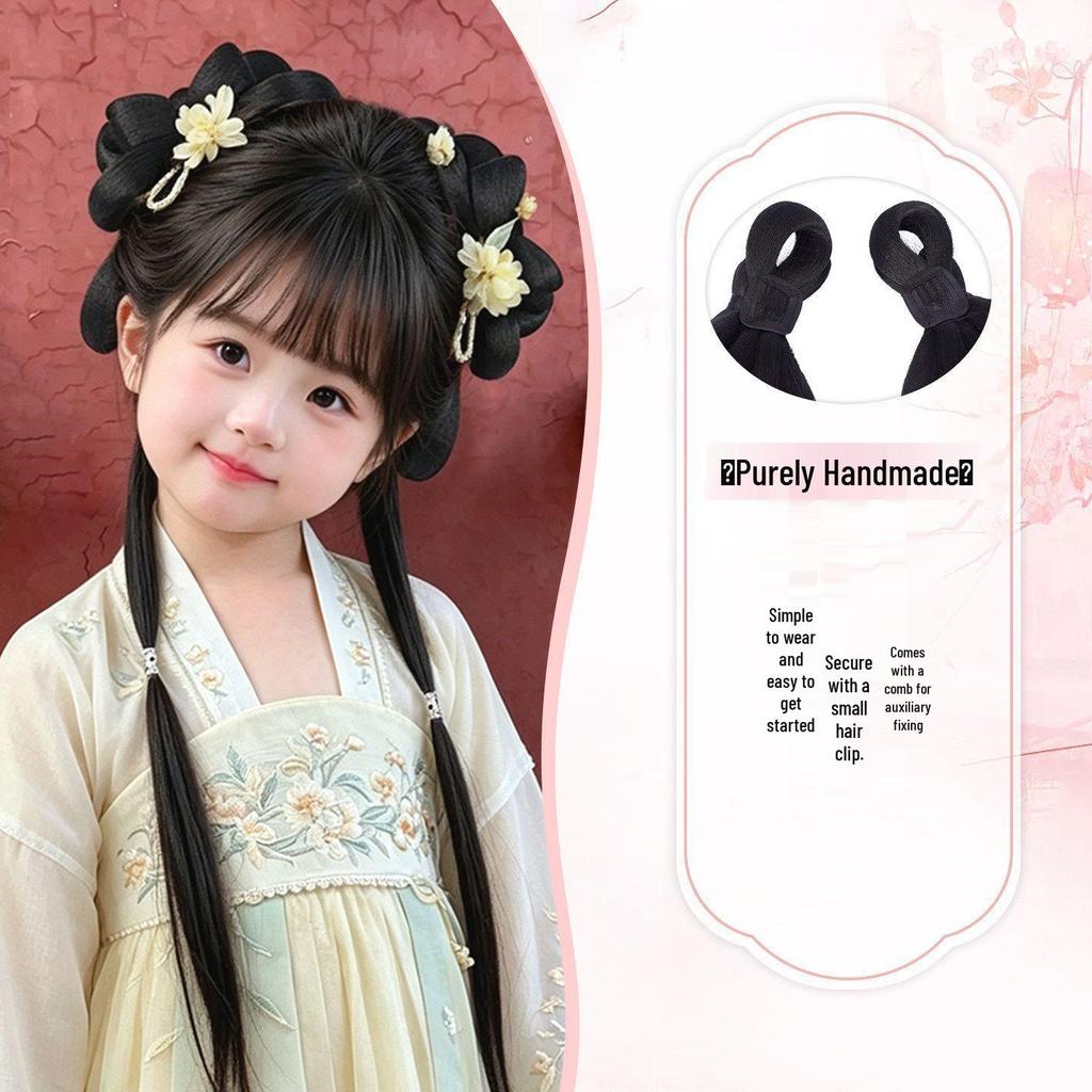 Girls' Hanfu Wig: Ancient Headdress, Children's Bun Bow Updo