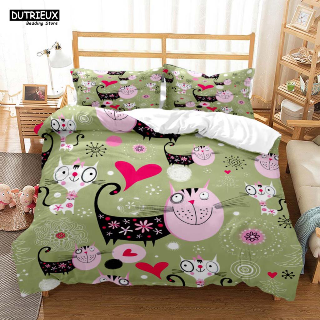 Cute Cat Print Quilt Cover Pillow Cover  Bedding Set Luxury Queen Bedding Set Cute Style Customized  children‘s  Bedding Set