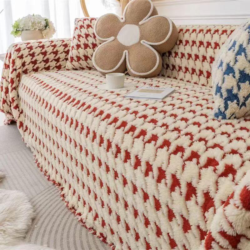 Anti-cat Scratch Plush Sofa Towel Houndstooth Skin-friendly Plush Warm Home Anti-slip Cover All-inclusive Universal Sofa Blanket