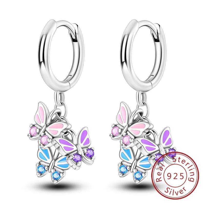 New Original 925 Silver Hoop Earrings Purple Zircon Flowers Butterflies Studs Earring For Women Wedding Engagement Gift