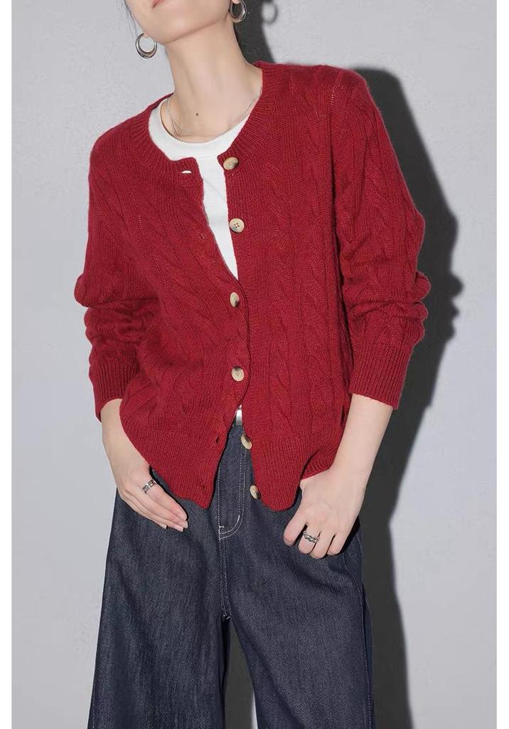 Autumn 2026 Women's Round Neck Cable Knit Cardigan - Long Sleeve, Single-Breasted Sweater.