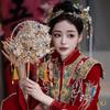 Golden Handmade Chinese Wedding Fan – Bridal Xiuhe Dress Accessory Round Fan 9139