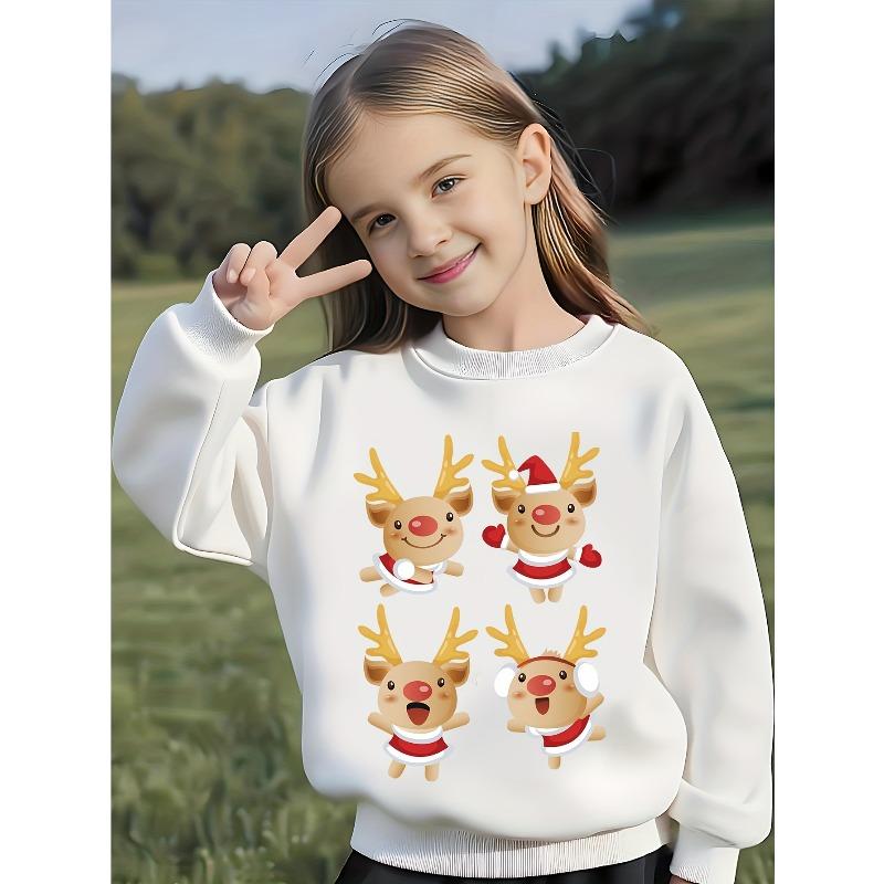Kids Crewneck Long Sleeve Sweatshirt, Cute Four-Panel Cartoon Reindeer Disguise Print