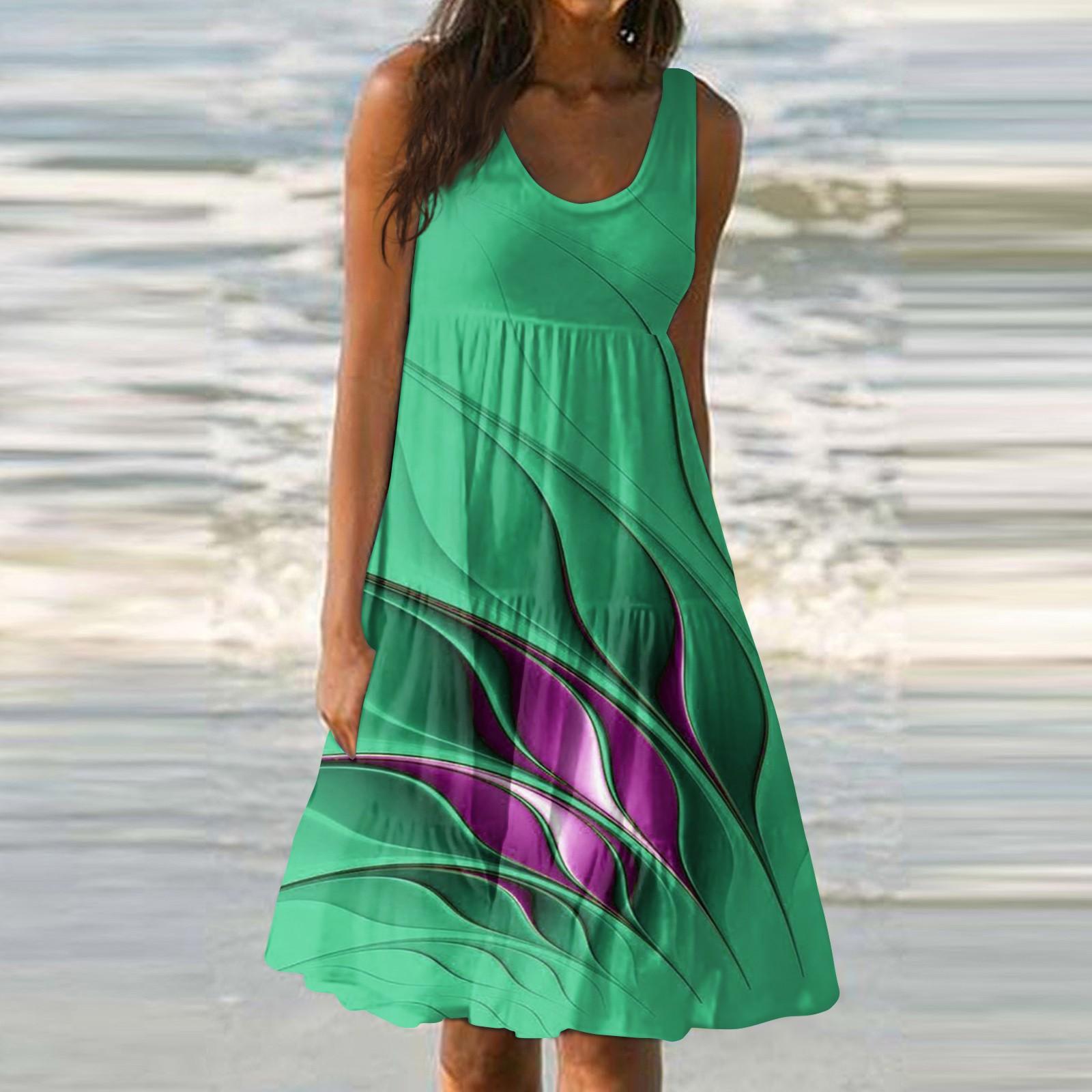 

Женское летнее модное свободное повседневное пляжное платье без рукавов с принтом M зелёный