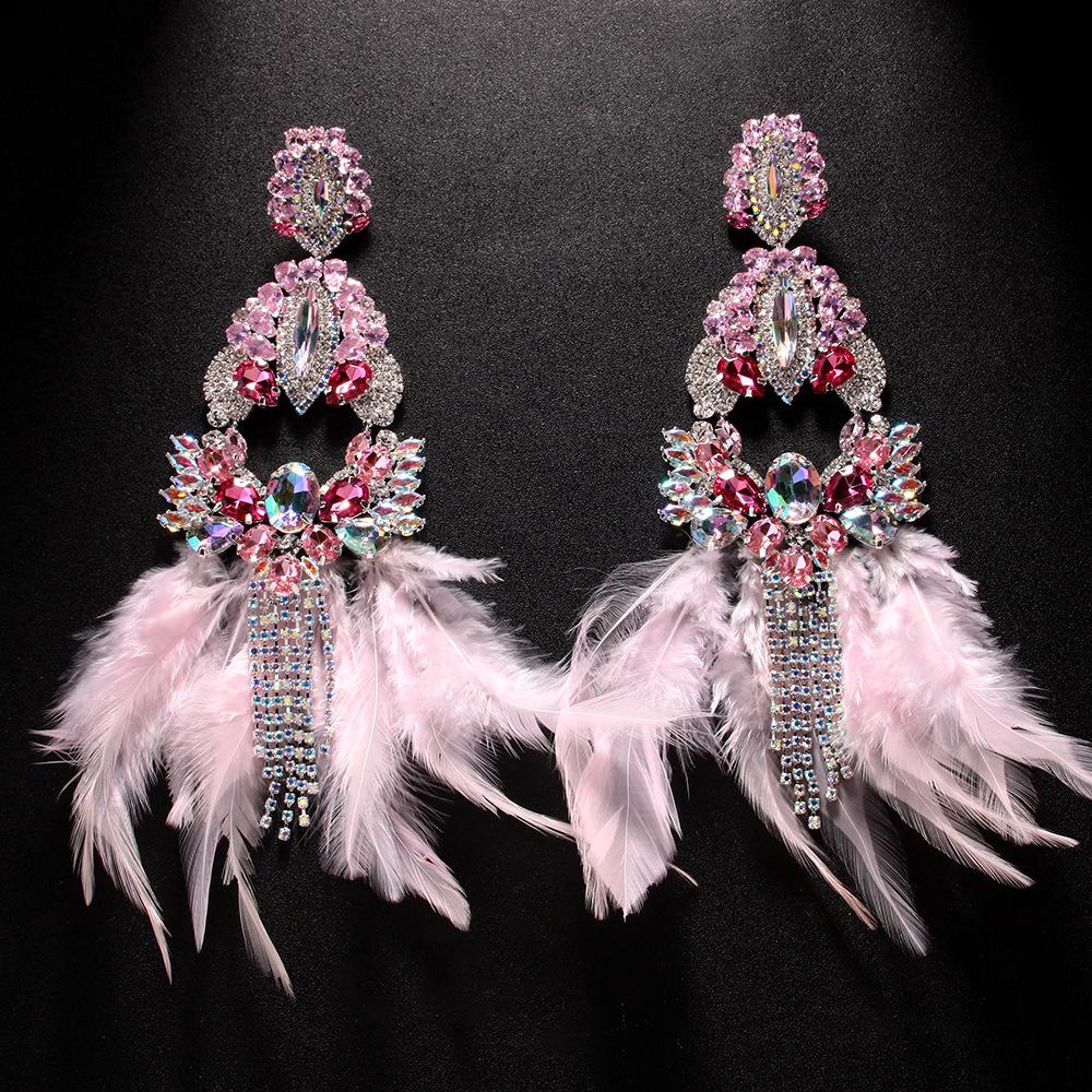 

Pink Feather Exaggerate Earrings Tassel Pendant Wedding for Women Boho Jewelry Sparkly Large Rhinestone Earrings Free Shipping