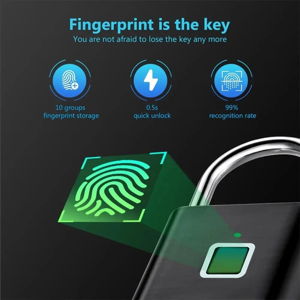 Smart Fingerprint Padlock Waterproof Zinc Alloy Biometric Padlocks USB Charging Fingerprint Lock Door Lock