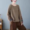 2024 Autumn/Winter Plus Size Retro Ethnic Applique Cotton Knit Women's Loose Round Neck Pullover