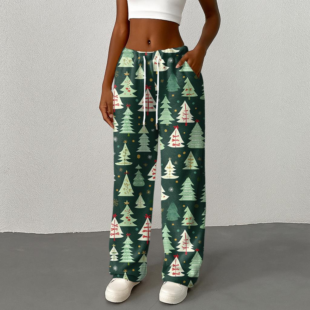 Women's Casual Fashion Printed Elastic Waist Loose Straight Leg Pants With Rope