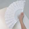 White Lace Foldable Hand Fan, Vintage Silver Flower Decor Fan, Portable Ornament for Wedding & Dance