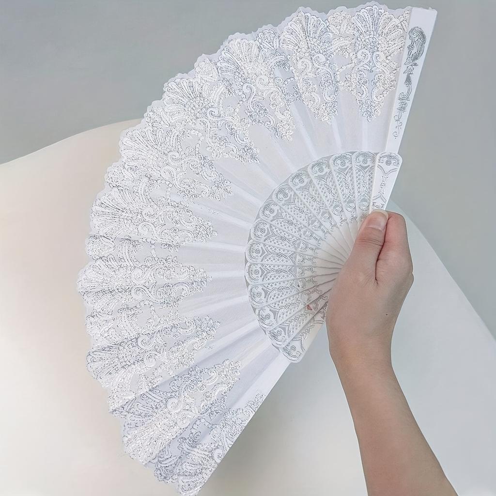 Abanico de Mano Plegable de Encaje Blanco, Abanico Vintage con Decoración de Flor Plateada, Adorno Portátil para Boda y Baile