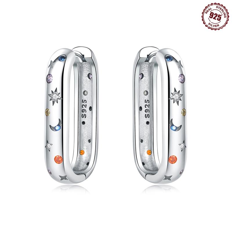 Real 925 Silver Hoop Earrings Colorful Zircon Bright Starry Sky Earrings Women Engagement Wedding Party Silver Jewelry