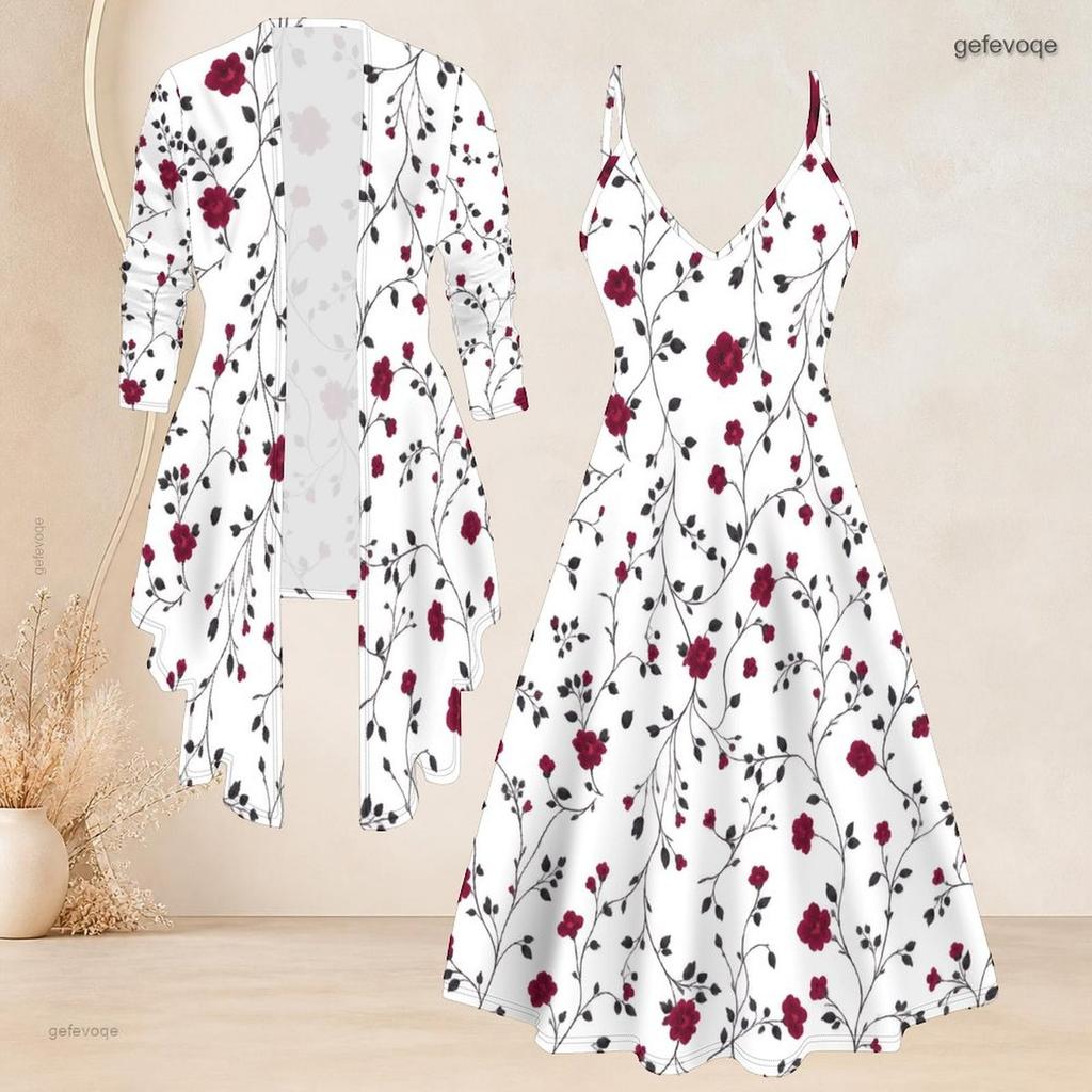 Women Plus Size Two Piece Set Long Sleeve Jacket Cami Maxi Dress
