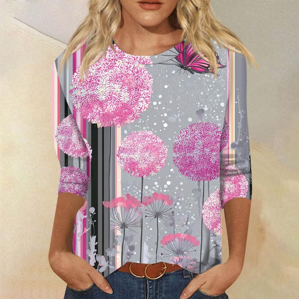 Women's Fashion Casual Seven Split Sleeve Printed Loose Round Neck Top