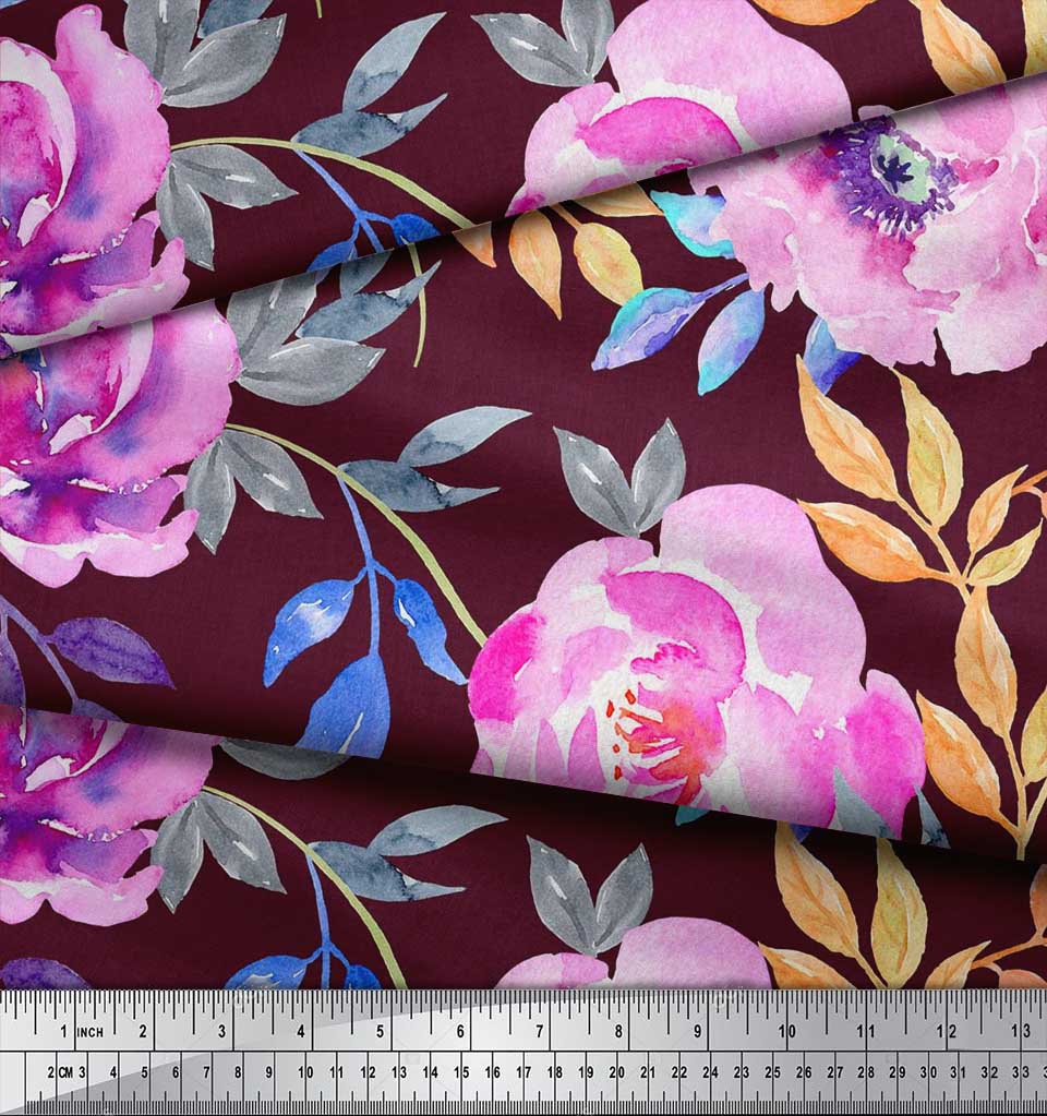 Soimoi Japan Crepe Satin Fabric Leaves & Peony Flower Print Fabric by the Metre 42 Inch
