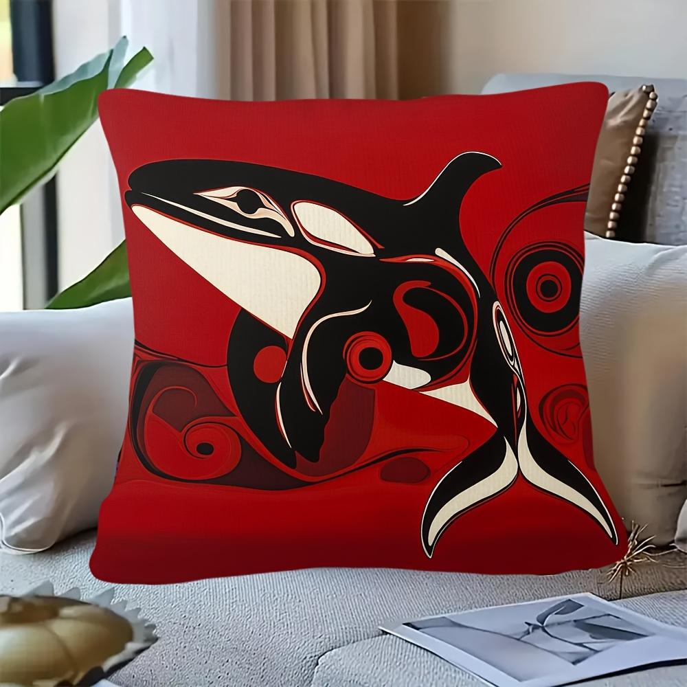 Housse de coussin style nordique Baleine Orque, Housse de coussin animaux marins abstraits rouge et noir, Décoration art moderne pour salon 60x60cm