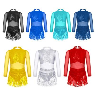 Vestido de Dança para Meninas Brilhante Lantejoulas Barra com Franjas Estilo Patchwork Collants Roupas de Dança Roupas de Palco