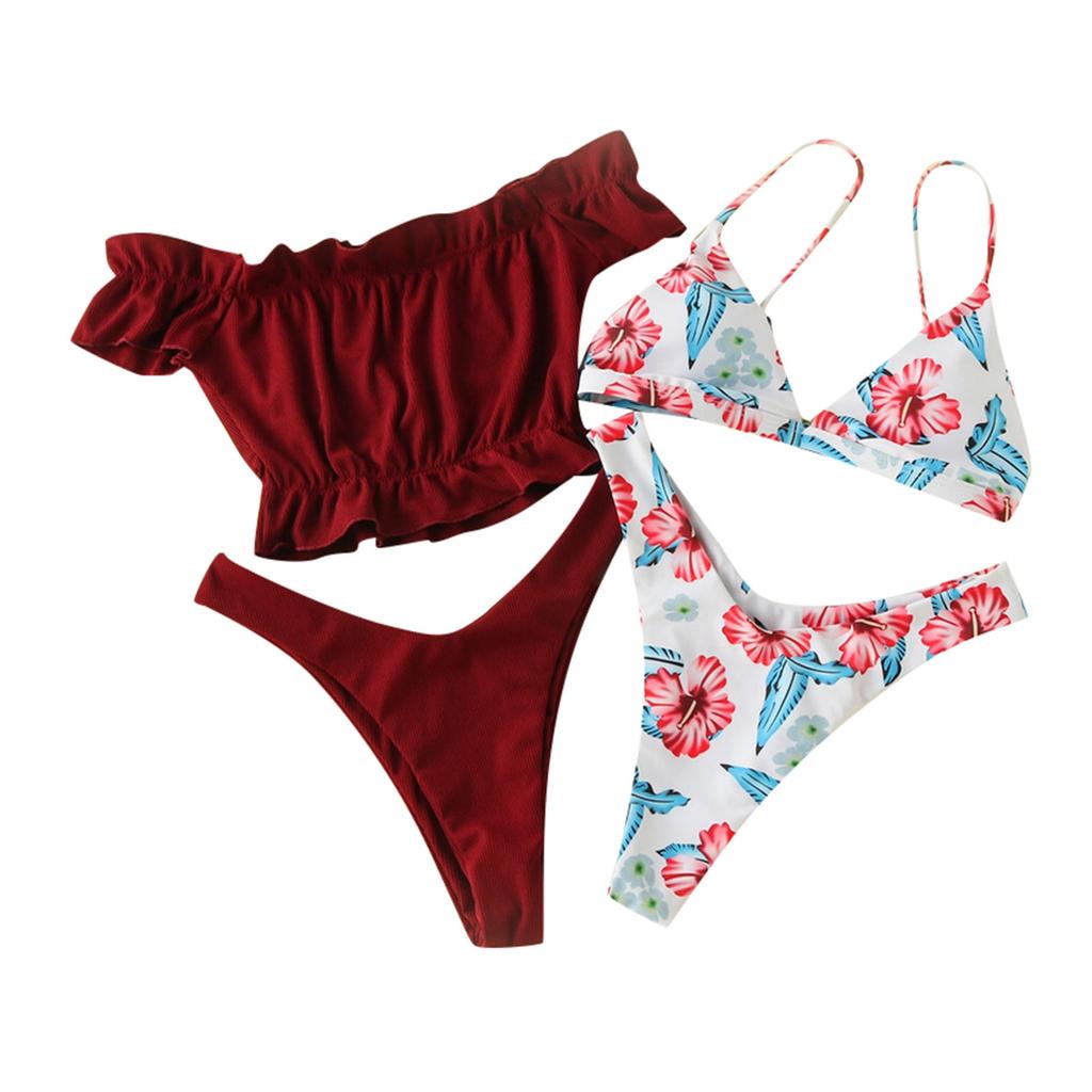 Women's Bikini Flower Print Cross Bandeau Two Piece Swimsuit Beach Swimwear
