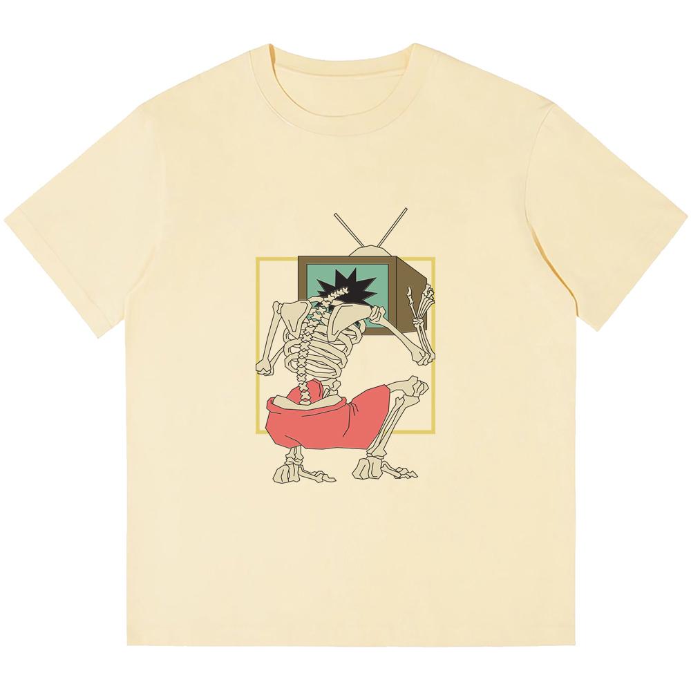 

230GSM Мужские футболки из плотного хлопка Скелет разбился головой о телевизионную печать Футболка в стиле ретро-панк Harajuku Повседневная уличная футболка