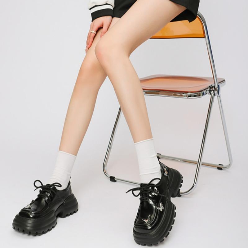 Loafers for Women New British Style Casual Round Toe Lace-up Butterfly Metal Buckle Platform Thick-soled Small Leather Shoes