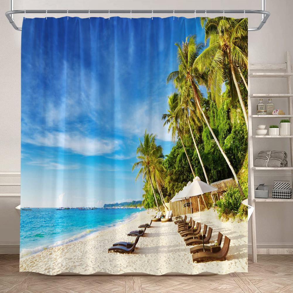 Hawaii Blue Ocean Shower Curtain Sea Waves Beach Coconut Tree Tropical Nature Scenery Bath Curtains Fabric Home Bathroom Decor