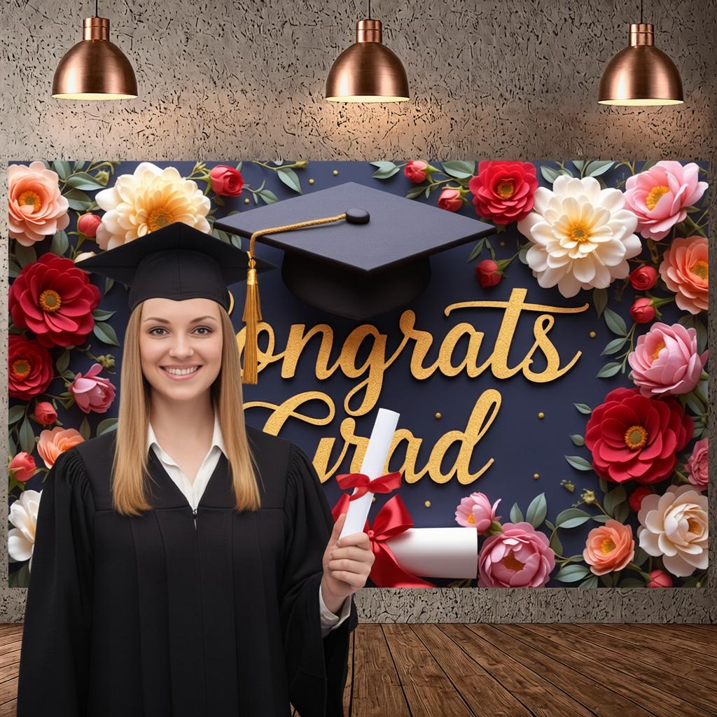 Grad Party Backdrop Gold Glitter Congrats Grad Display Congratulation Display Colorful Peonies Academic Background For Grad