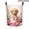 Laundry Hamper with Cute Puppy Sitting In a Teacup Pattern, Storage Basket, Polyester Fiber, Suitable for Bedroom, Laundry Room, Dorm Storage Basket, 