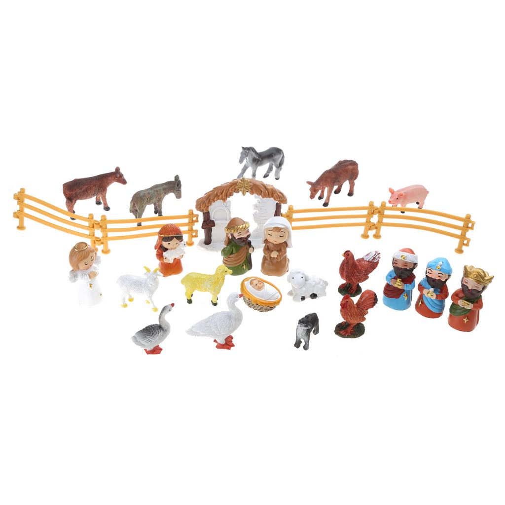 Jesus Nativity Set 24 Mini Figurines, Holy Family, Magi, Shepherd, Angel, Sheep, Stable, Animals, Fences, Resin Material, Interactive Christmas