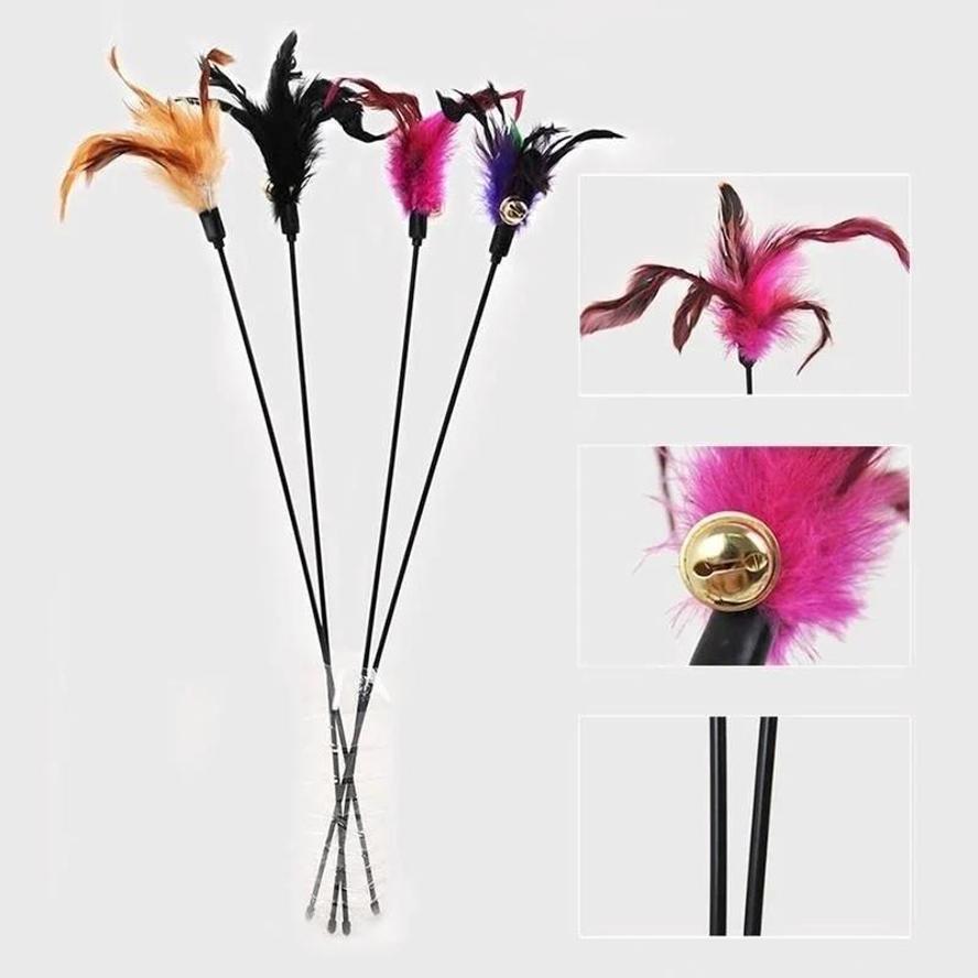 5 Pcs Kitten Pet Cat Teaser Turkey Feather Interactive Fun Toy Wire Chaser Wand + Bell Pet Products Cat Toys Interactive