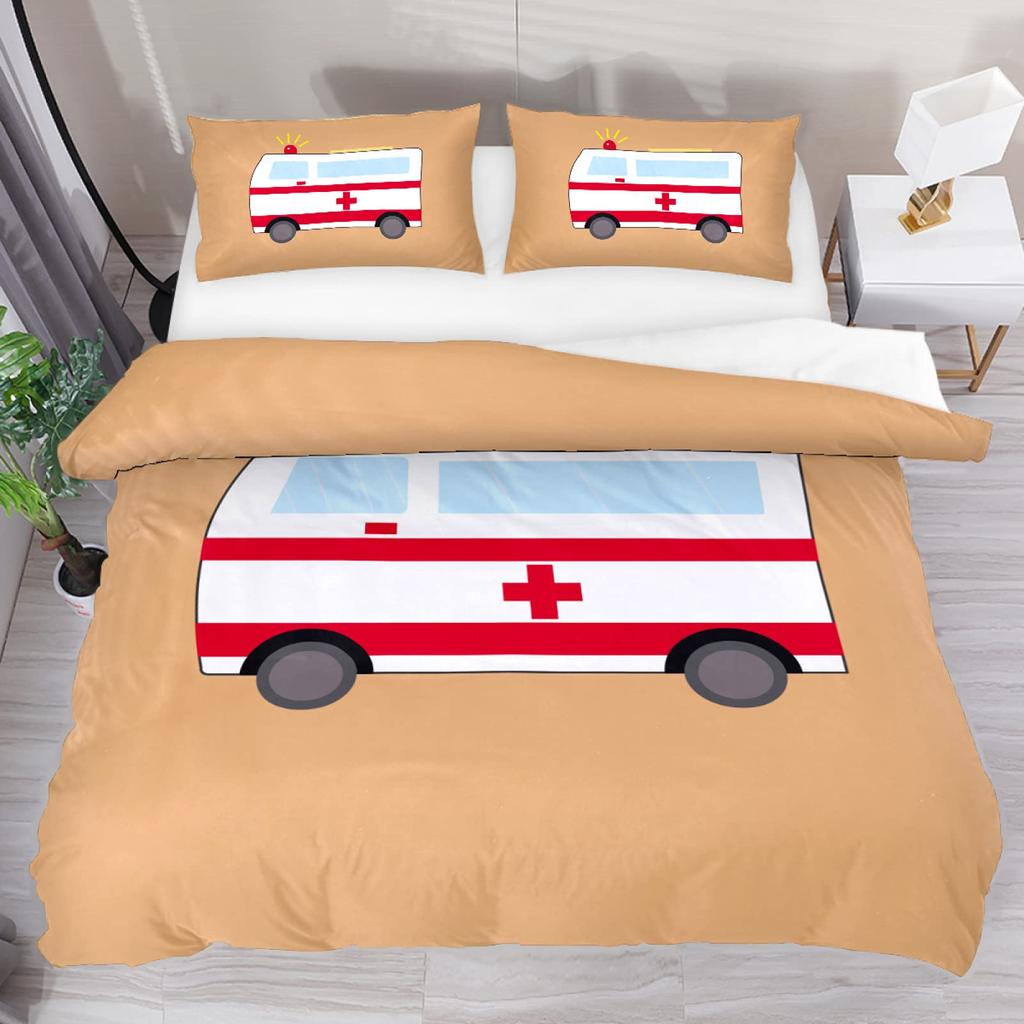 Ambulance Car King Queen Duvet Cover White Cartoon Medical Car Bedding Set For Kid Hospital Rescue Vehicle Polyester Quilt Cover