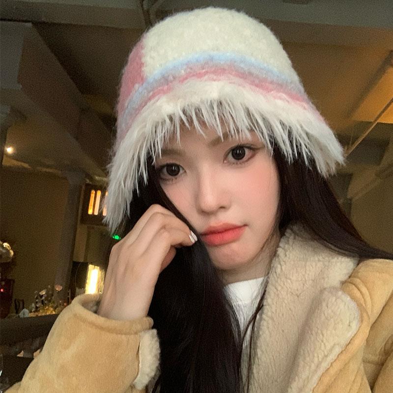 Color dopamine plush bucket hat women's autumn and winter new models show small face warm versatile sweet knitted basin hat