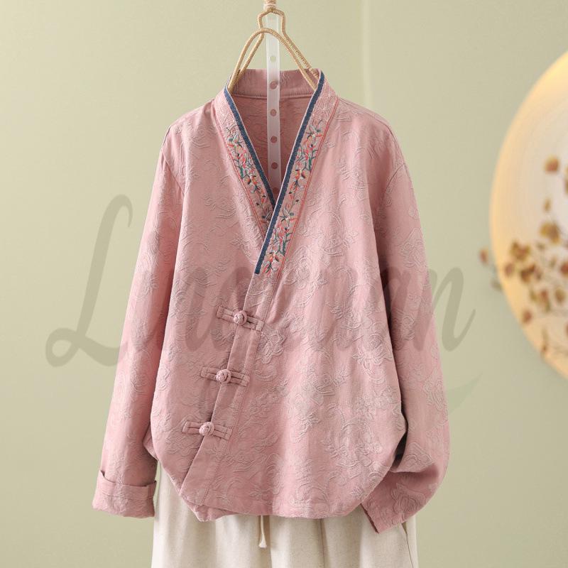 Chinese Retro Embroidered Lapel Cotton-Linen Cardigan - Women s Casual Loose Artistic Top 2XL