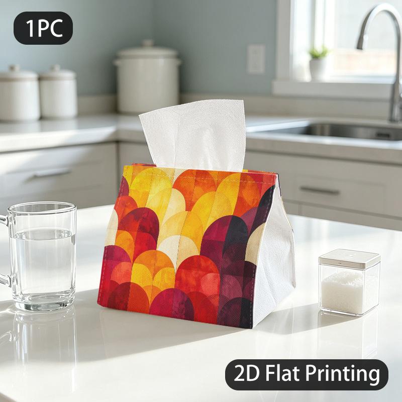 1pc Tissue Box, Geometric Scallop Warm Sunset Glow Pattern, 2D Flat Printing, Made from Tough Polyester, Built To Last, Tissue Pouch, for Outdoor Use
