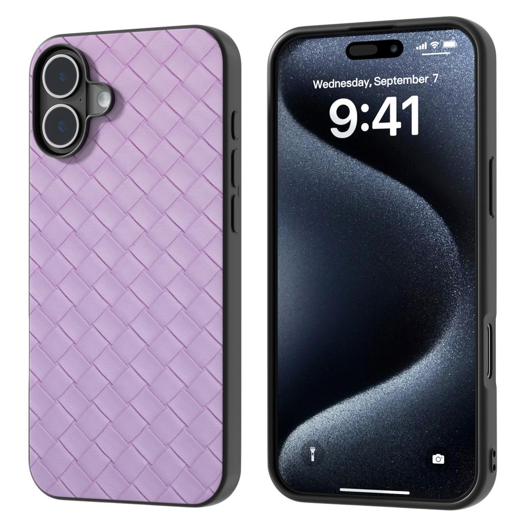 For iPhone 16 Plus Case Woven Texture Leather+PC+TPU Hybrid Phone Cover
