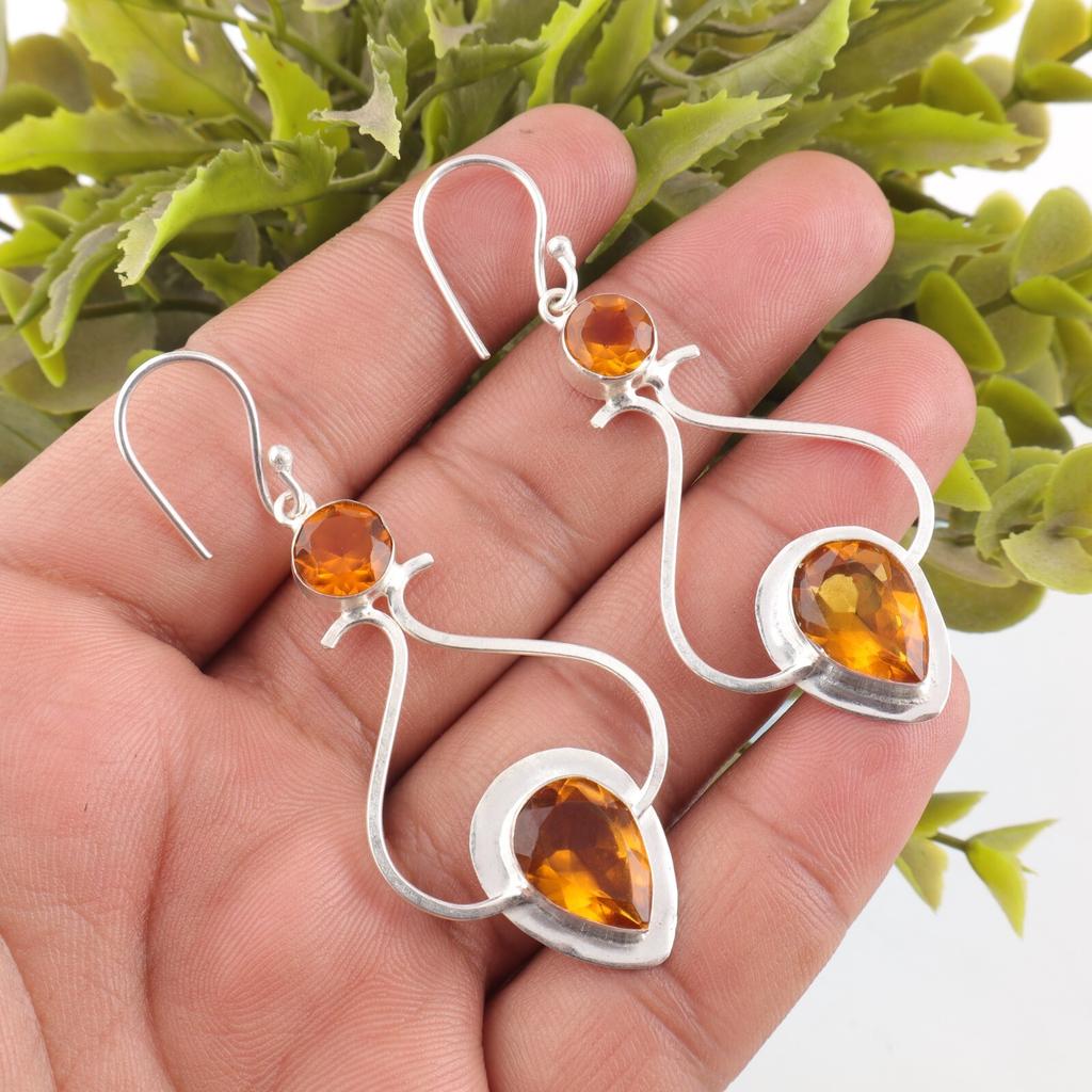 Natural Citrine Gemstone 925 Sterling Silver Handmade Pear Shape Earrings 2.07" EE-170-12