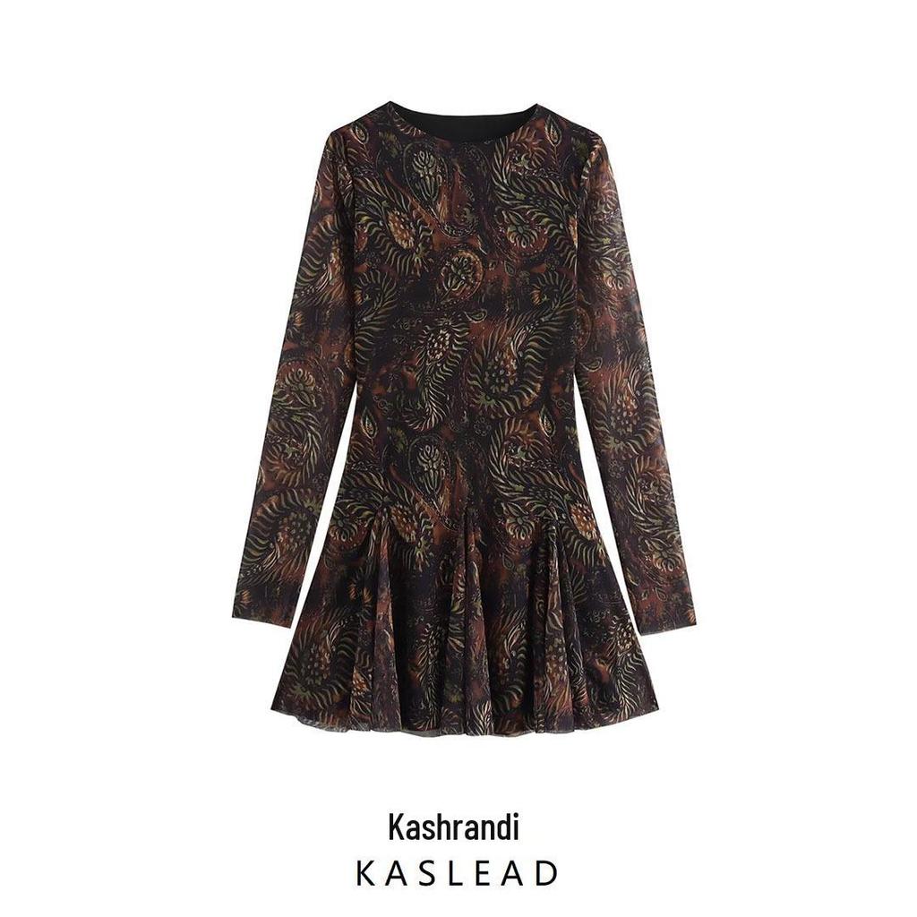 2024 Autumn Women's European & American Print Silk Waist-Hugging Long-Sleeve Short Dress