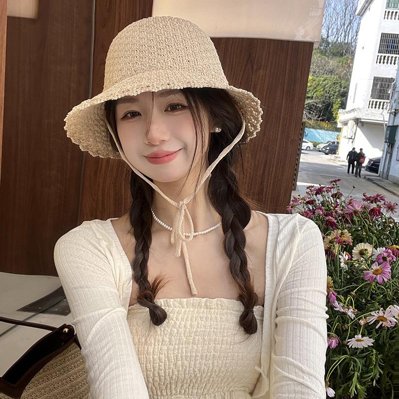 

Lace beach sun hat children summer small fresh sun protection bucket hat showing face small lace up split fork new pot hat Adult Adjustable 55-58 чорний