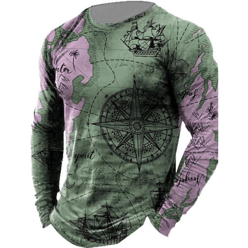 Men's Long Sleeve Graphic 3D Compass Boat Casual Sports Outdoor Sports T-Shirt Fitness Retro Classic Long Sleeve Top