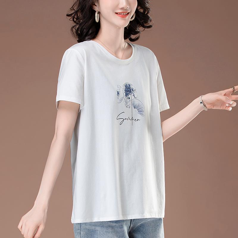 Women's Plus Size Short-Sleeve Cotton T-Shirt - Summer Printed Casual Loose Fit for Middle-Aged Moms
