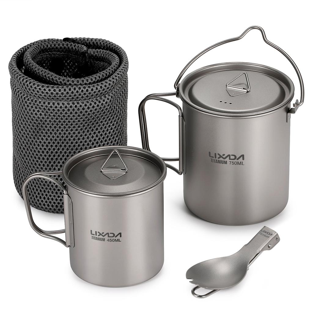 750ml Titanium Pot Portable Titanium Mug Cup with Lid and Foldable Handle Outdoor Camping Cooking Picnic Spork