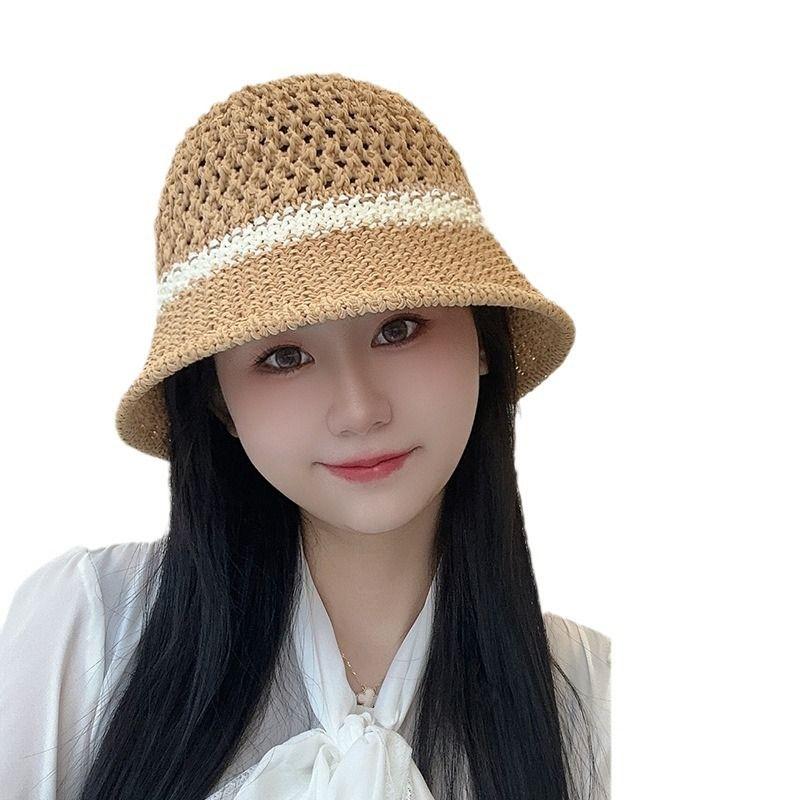 Straw Hat Women's Summer Beach Hat Outdoor UV-Proof Breathable Weaving Hollow Bucket Hat Wide Brim Face Small Hat