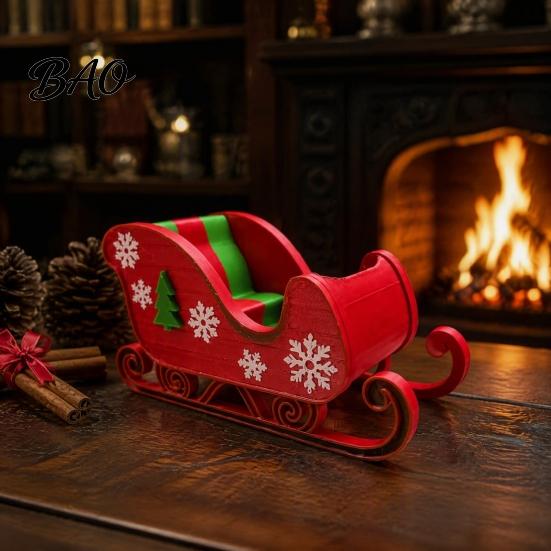 Christmas Tabletop Ornaments 3D Printed Sleigh Ornament, Red And Green Figurine with Snowflake Holiday Scene Matching Props and Tree Relief,