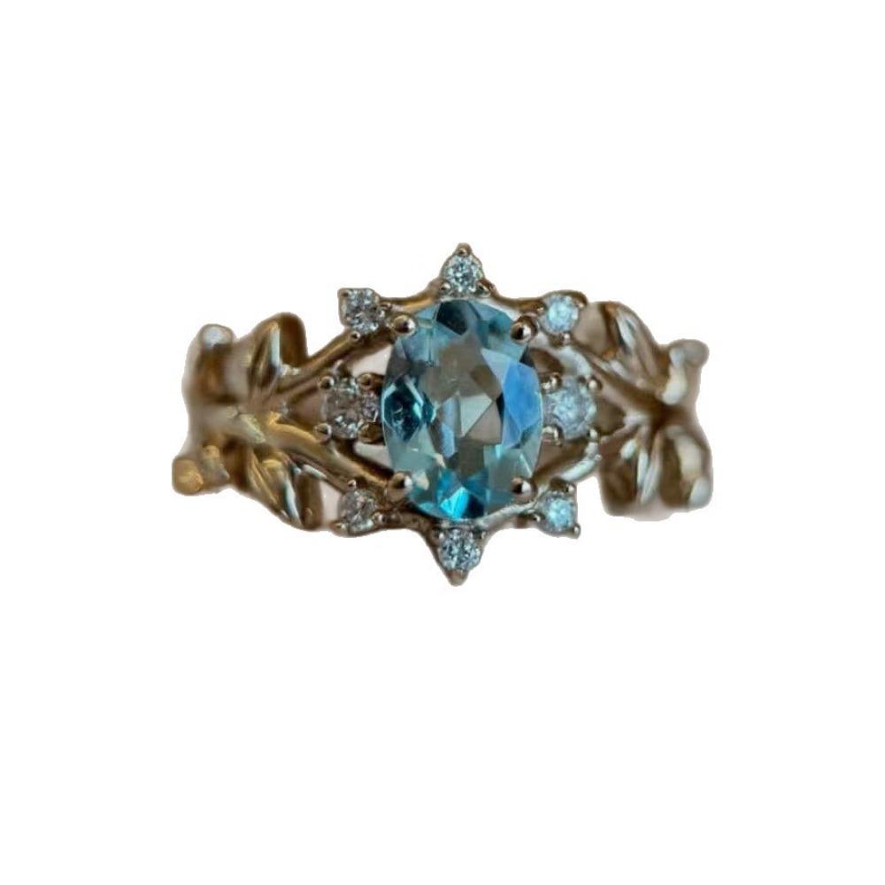 Luxury New Gold-plated Inlaid Aquamarine Single Ring, Leaf Shape Creative Women's Ring Simple and Fashionable