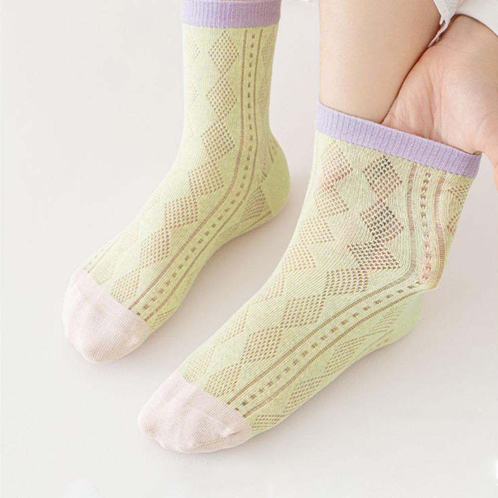 5 Pairs Girls Summer Mesh Cotton Socks Breathable Hollow Thin Crew Candy Casual Socks For Kids Age 3-12 Years