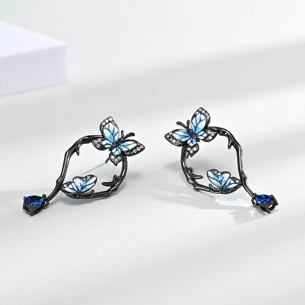 Three Butterflies Epoxy Black Gold Ring Creative Detachable Butterfly Stud Earrings Set For Women