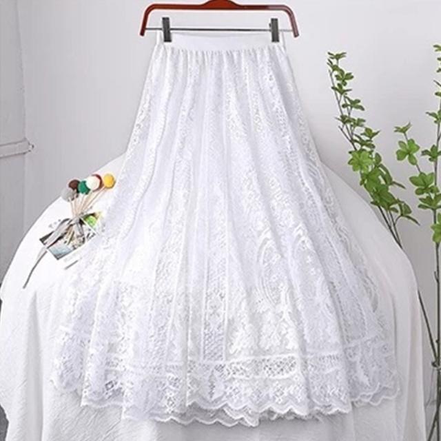 Saia Midi Evasê de Renda Bordada Jacquard Feminina Primavera Cintura Alta Saia de Temperamento de Comprimento Médio