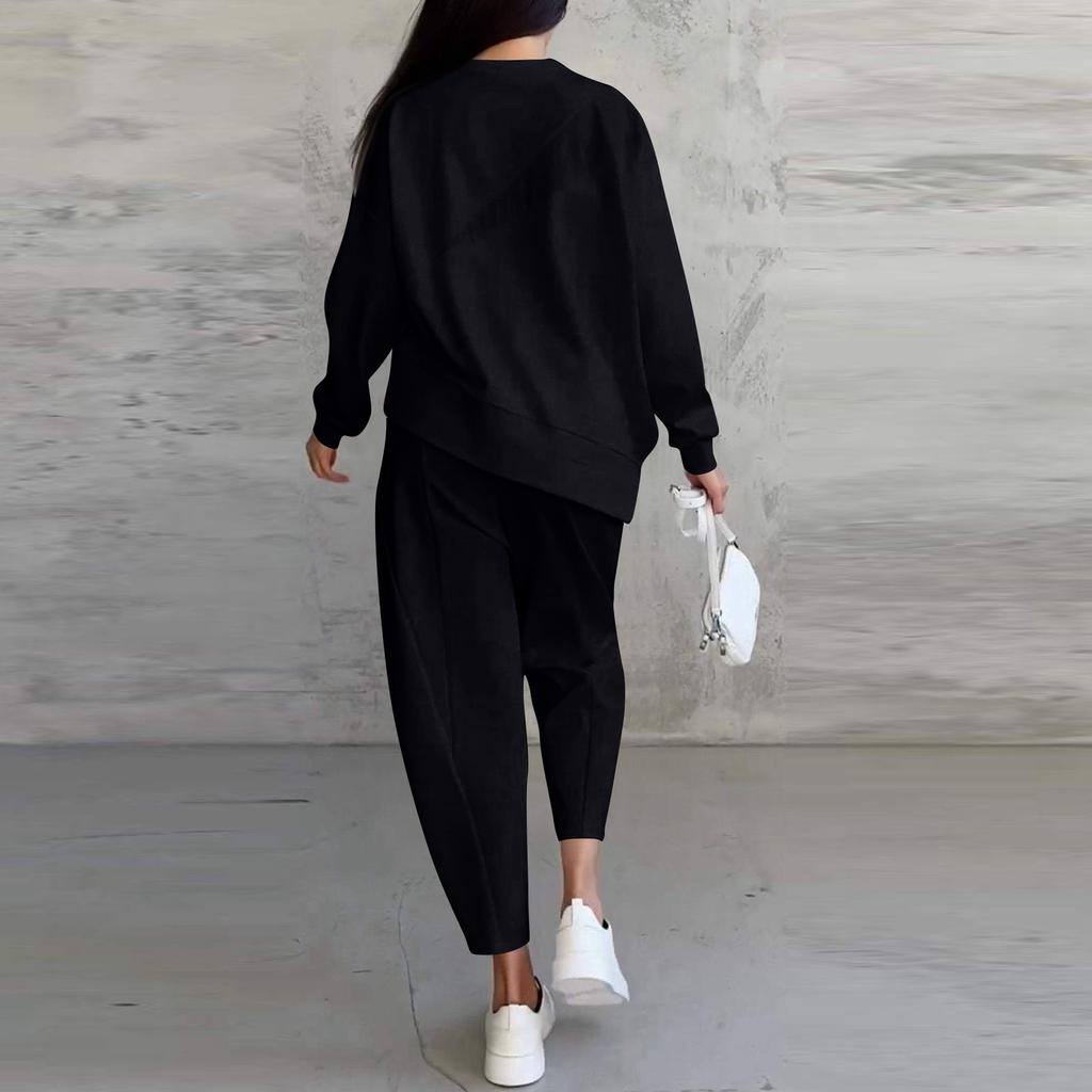 Women's Fashion Color Round Neck Long Sleeved Loose Irregular Sweatshirt Set