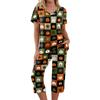 Women's Festive Halloween Print Tracksuit Set - 2 Piece Short Sleeve Top & Cropped Pants, Casual Costume Outfit for Fall Party