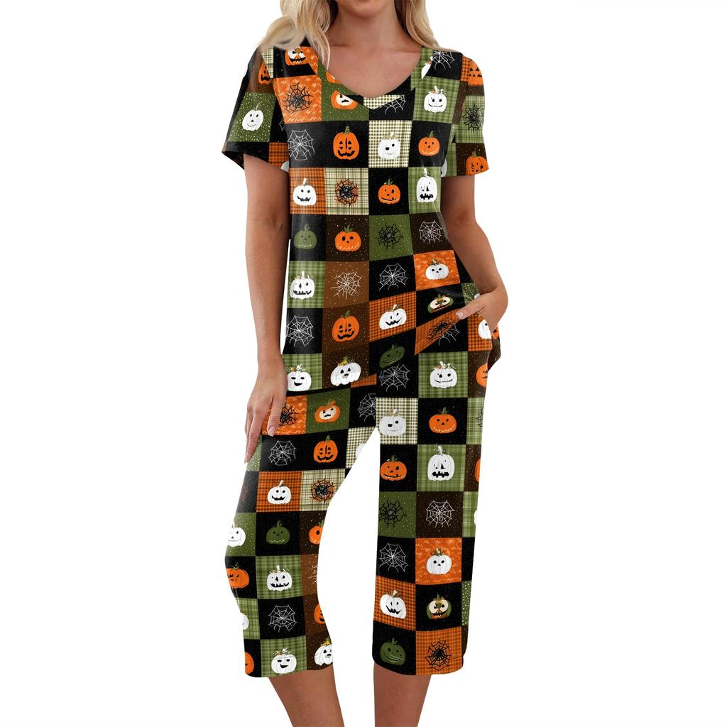 Women's Festive Halloween Print Tracksuit Set - 2 Piece Short Sleeve Top & Cropped Pants, Casual Costume Outfit for Fall Party